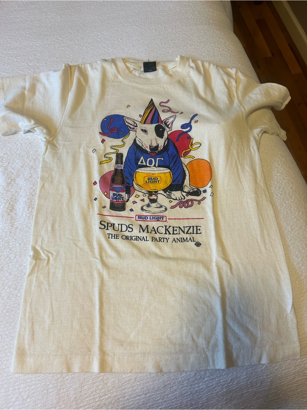 Anvil White T-Shirt with Black and Blue Graphic